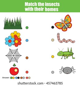 Match the insects with homes children education game. Learning animals, insects theme kids activity