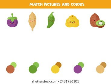 Match kawaii fruits and vegetables with colors. Educational worksheet for kids.