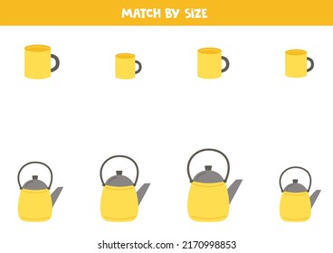 Match kettles and mugs by size. Educational logical game for kids.