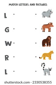 Match letters and pictures. Educational logical game for kids. African animals.