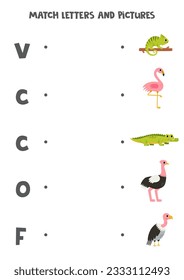 Match letters and pictures. Educational logical game for kids. African animals.