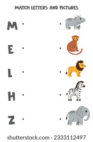 Match letters and pictures. Educational logical game for kids. African animals.