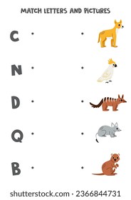 Match letters and pictures. Educational logical game for kids. Australian animals.