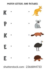 Match letters and pictures. Educational logical game for kids. Australian animals.