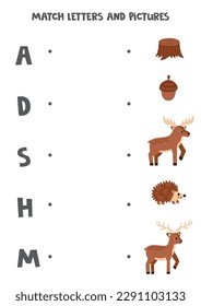 Match letters and words. Educational logical game for kids. Woodland animals.