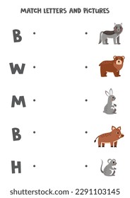 Match letters and words. Educational logical game for kids. Woodland animals.