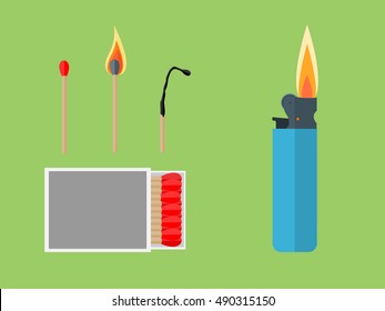 The match, lighted match and burned matches with box and lighter. Vector illustration.