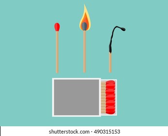 The match, lighted match and burned matches with box. Vector illustration.