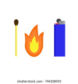 match, lighter and fire on a white background