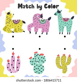 Match llamas with cactuses by color. Educational sorting activity game for toddlers. Preschool comparison worksheet for kids. Vector illustration