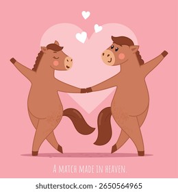 A match made in heaven. Horses dancing, couple in love, cute horses, heart, love, february 14, valentine's day, dancing, horse logo, cover, postcard, valentine, boy and girl, elastic, invitation