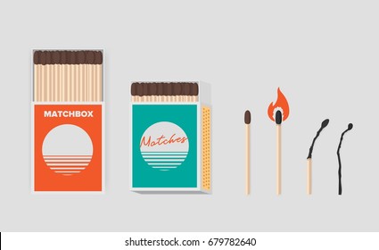 Match and matchbox set. Sticks in open cardboard packs. Matchstick with sulfur, burning and burned. Colorful flat vector illustration.