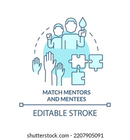 Match Mentors And Mentees Turquoise Concept Icon. Path To Effective Mentoring Abstract Idea Thin Line Illustration. Isolated Outline Drawing. Editable Stroke. Arial, Myriad Pro-Bold Fonts Used