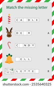 Coincidir con las letras que faltan, deletrear la palabra, estilo de dibujos animados de Navidad, juego educativo de la escuela de spelling scramble para el desarrollo de los niños, actividad preescolar de los niños, Vector de hoja de trabajo imprimible