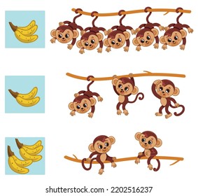 Match the monkeys with the bananas according to their quantity. Connect them with a line. Educational vector illustration for preschool children.

