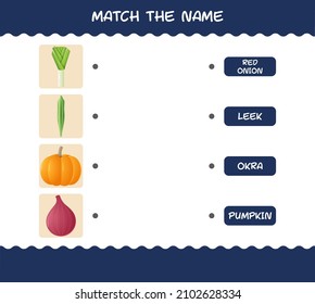 Match the name of cartoon vegetables. Matching game. Educational game for pre shool years kids and toddlers