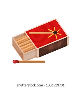 Match near to the box of matches. Vector illustration.
