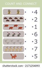 Match the number and the number of animals. Educational game for children.