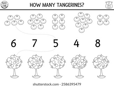 Match the numbers black and white capybara game with tangerine or orange tree. Capibara line math activity for preschool kids. Educational counting worksheet, coloring page with cute animal
