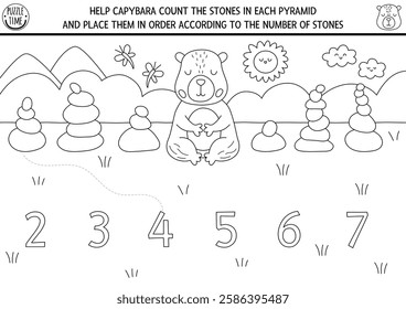 Match the numbers black and white capybara game with stone pyramids. Capibara line math activity for preschool kids. Educational counting worksheet, coloring page with cute animal, rock garden
