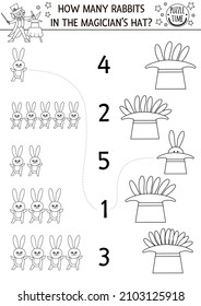 Match the numbers black and white circus game with magician hat and rabbits. Amusement show line math activity for preschool kids. Festival educational counting or coloring page
