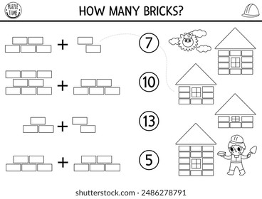 Match the numbers black and white construction site game with builder and buildings. Math activity for kids with worker. Educational counting worksheet, coloring page. How many bricks in house
