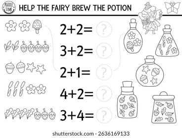 Match the numbers black and white fairyland game with fairy brewing potion. Woodland princess math activity, coloring page. Fairytale educational counting, matching worksheet with acorn