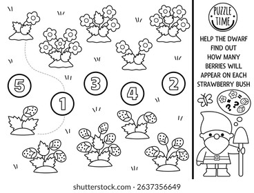 Match the numbers black and white fairyland game with dwarf counting flowers, strawberries. Woodland fairy garden math activity, coloring page for kids. Fairytale counting worksheet 