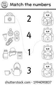 Match the numbers black and white game with kawaii backpack and camping equipment. Summer camp math outline activity with lantern, compass. Printable counting worksheet or coloring page

