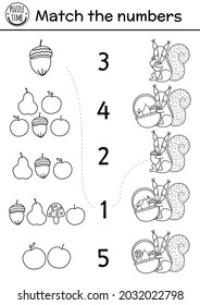 Coincide con los números juego blanco y negro con ardilla y canasta de frutas. Granja de línea de otoño o actividad de matemáticas forestales con un animal lindo. Hoja de cálculo de recuento imprimible educativo para niños