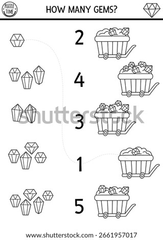 Match the numbers black and white game with dwarf cart with treasure. Magic math printable activity for kid with wooden trolley with gem. Fairytale gnome counting worksheet or coloring page