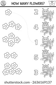 Combine os números preto e branco natureza floresta jogo com coruja, flor. Atividade de fadas de Woodland, página de coloração para crianças. Planilha de contagem de conto de fadas. Número que combina jogo de matemática com pássaro