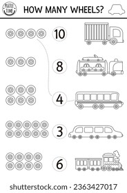 Coincide con los números del juego del transporte en blanco y negro con los vehículos. Actividad matemática en línea de transporte urbano para niños. Contando una hoja de cálculo con un camión lindo, un autobús escolar, limo. ¿Cuántas ruedas colorean la página?
