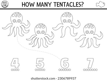 Match the numbers black and white under the sea game with octopus and tentacles. Ocean life line math activity for preschool kids. Marine educational counting coloring page with water animal
