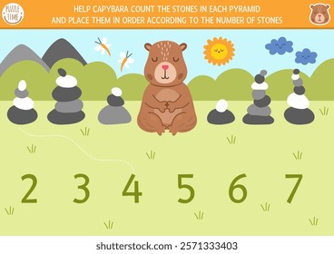 Match the numbers capybara game with stone pyramids. Capibara math activity for preschool kids. Educational counting worksheet with cute animal, rock garden and nature landscape