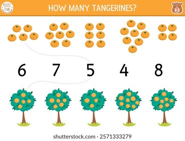 Match the numbers capybara game with tangerine or orange tree. Capibara math activity for preschool kids. Educational counting worksheet with cute animal and citrus fruit