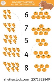 Match the numbers capybara game with tangerines or oranges and its peel. Capibara math activity for preschool kids. Educational counting worksheet with cute animal and citrus fruit