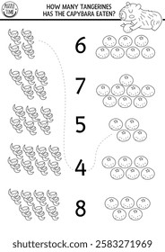 Match the numbers capybara game with tangerines or oranges, its peel. Capibara black and white math activity, coloring page for preschool kids. Educational counting line worksheet with animal
