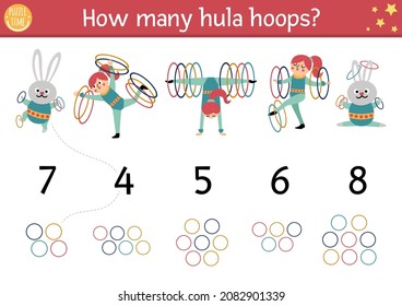 Match the numbers circus game with cute gymnasts and hula hoops. Amusement show math activity for preschool kids. Festival printable counting worksheet with funny rabbit and acrobat girl
