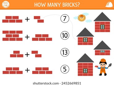 Match the numbers construction site game with builder and buildings. Math activity for preschool kids with worker. Educational counting worksheet. How many bricks in the house
