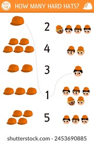 Passen Sie die Zahlen Baustellenspiel mit Bauherren und Hardhats. Bauen funktioniert Mathematik-Aktivität für Vorschulkinder. Reparatur-Service Bildungszählarbeitsblatt mit Helmen, einheitlicher Kopfbedeckung