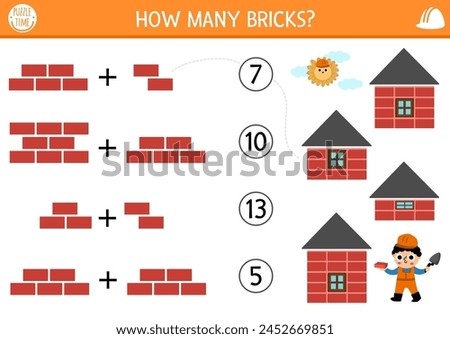 Match the numbers construction site game with builder and buildings. Math activity for preschool kids with worker. Educational counting worksheet. How many bricks in the house
