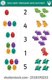 Match the numbers dinosaur game with baby dinos and eggs. Prehistoric math activity for preschool kids. Educational counting worksheet with triceratops, stegosaur, T-rex, pterosaur, iguanodon
