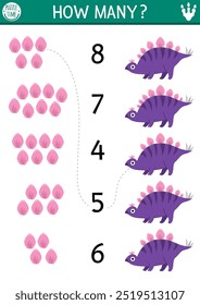 Match the numbers dinosaur game with stegosaur and bony plates. Prehistoric math activity for preschool kids. Dino land educational counting worksheet with ancient animal
