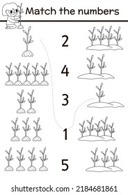 Match the numbers ecological black and white game with girl planting trees. Earth day or garden math activity for preschool kids. Eco awareness educational counting coloring page