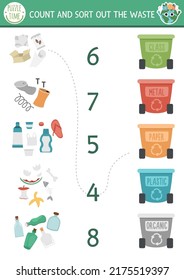 Match the numbers ecological game with garbage, rubbish bins. Zero waste math activity for preschool kids. Eco awareness educational counting worksheet with waste sorting concept
