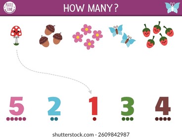 Match the numbers fairyland, nature forest game. Woodland fairy activity for kids. Fairytale counting worksheet. Simple number matching math game with acorn, mushroom, flower, butterfly