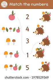 Match the numbers game with apples, mushrooms and funny hedgehog. Forest math activity for preschool children with cute forest animal. Educational printable counting worksheet for kids
