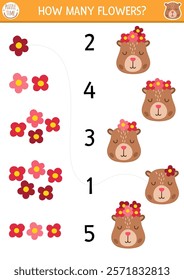 Match the numbers game with capybara and flower wreath. Capibara math activity for preschool kids. Educational counting worksheet with cute animal and head decoration