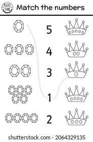 Match the numbers game with crown, gem stones. Black and white fairytale math activity for preschool children. Magic kingdom educational printable counting worksheet or coloring page
